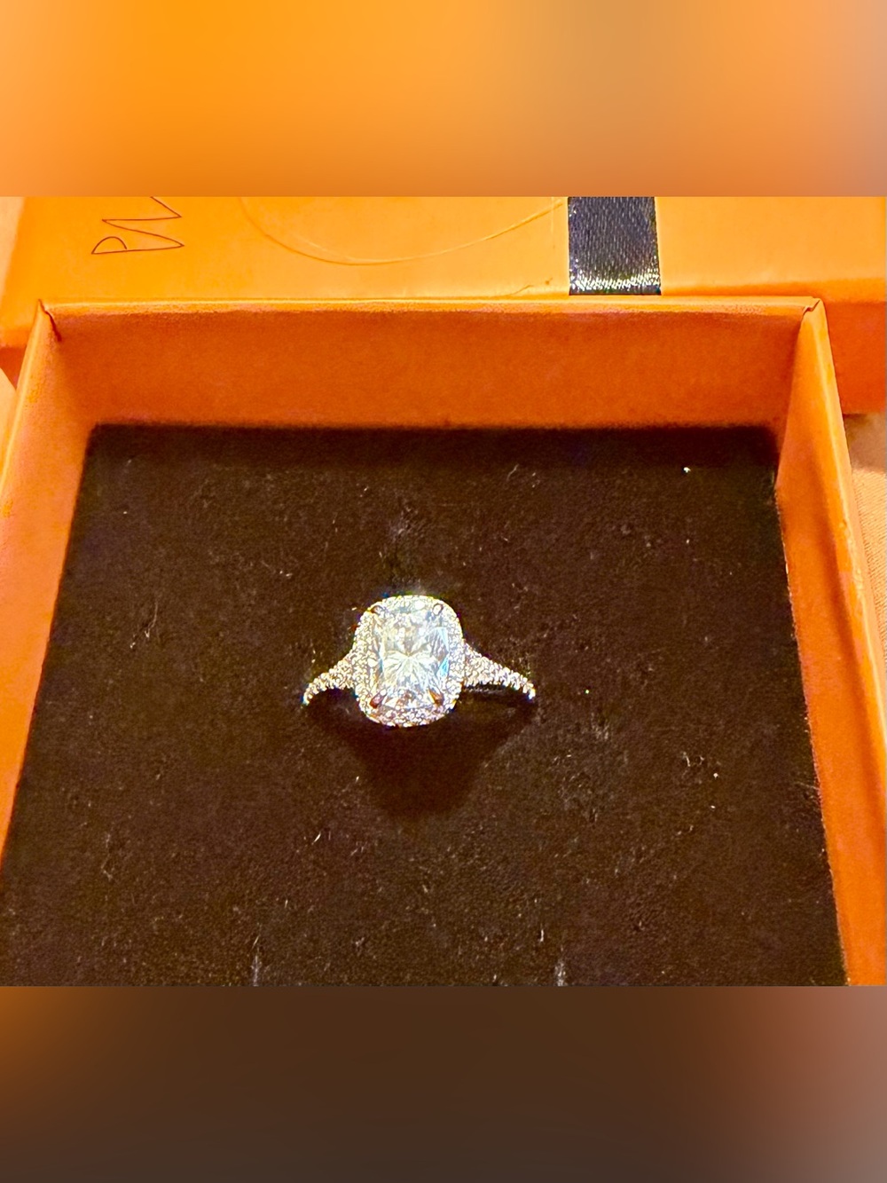 Elegant Cushion-Cut Silver Engagement Ring with Pavé Band - White